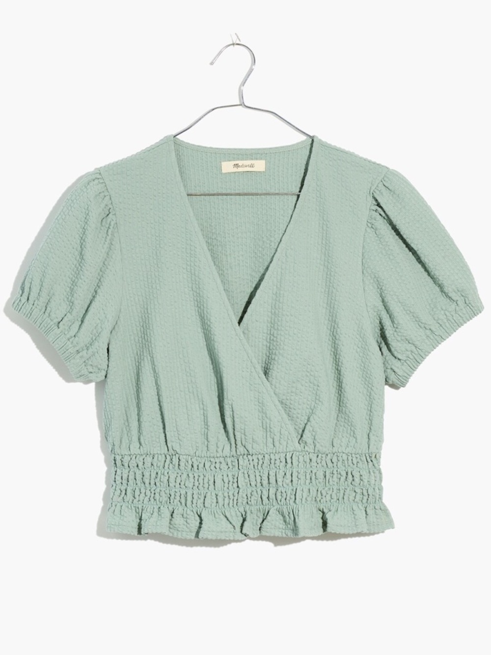 Madewell Knit Seersucker Smock-Waist Crop Top Sage Green